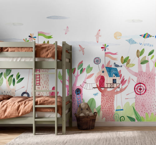 ESTAhome fotobehang boomhutfeest met dieren wit en meerkleurig - 3.5 x 2.79 m - 159672