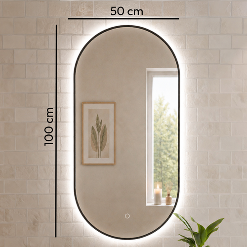 LOMAZOO badkamerspiegel Tanger - draaibaar - met LED verlichting & spiegelverwarming - ovaal - zwart - 100 x 50 cm