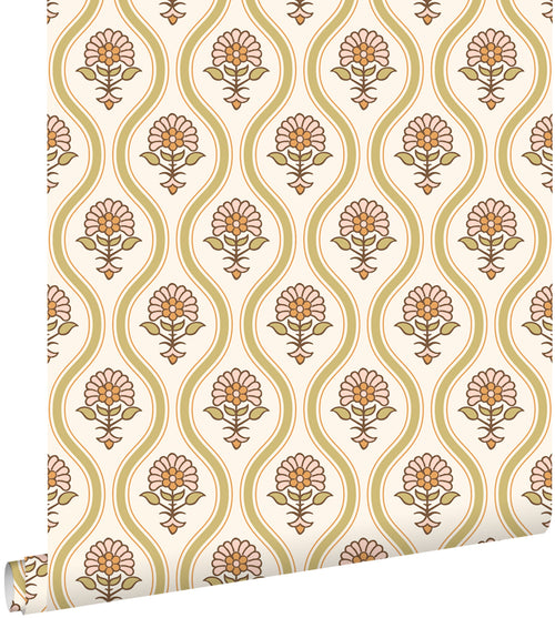 ESTAhome behang vintage bloemen groen, roze en oranje - 50 x 900 cm - 131741