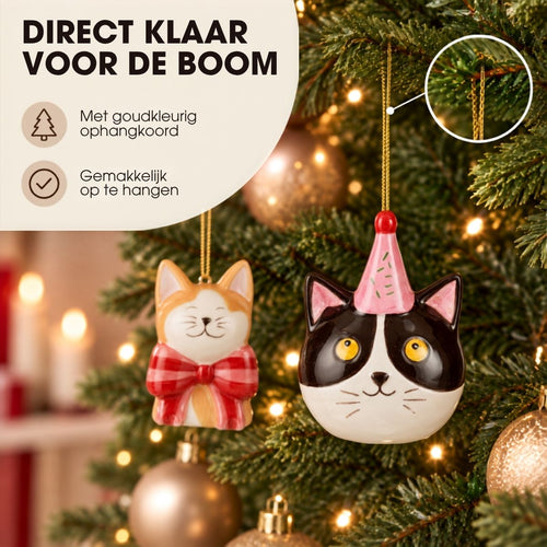 Mica Decorations Ornament Cadeau Set Kat Oranje Zwart 2 Stuks - Kerstornamenten van Dolomiet met Strik en Feestmuts - Kerstboomhangers voor Kerstboom