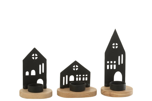 J-Line kaarshouder Huis - aluminium/hout - zwart - 3 stuks