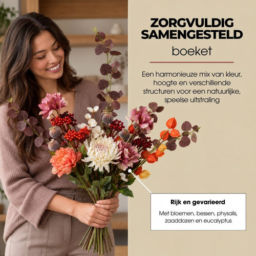 Mica Decorations Fedde Boeket Roze met 18 Stelen - Kunstboeket met Bloemen, Bladeren en Takken - Kunstbloemen Roze, Crème en Oranje - Polyester Boeket