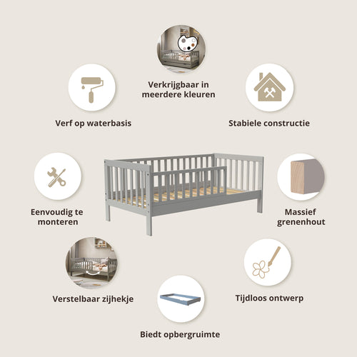Petite Amélie Peuterbed Plume – 70x140 cm – Grijs – Met uitvalbescherming – Flexibel zijhekje - vtwonen shop