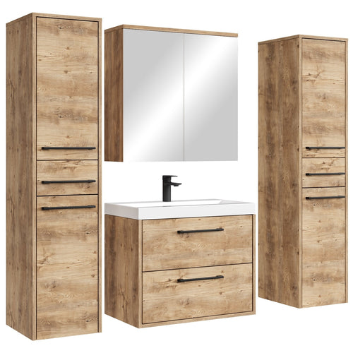 Badplaats Badkamermeubel Set Florence 60 cm XL – Kastanje Eiken – Hangend Badmeubel met Wastafel, Spiegelkast en Zijkasten