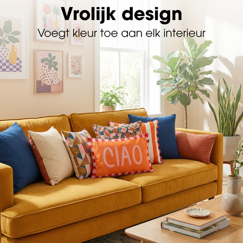 Mica Decorations Ciao Sierkussen - Kussen met Kussenhoes - Woondecoratie Woonkamer - 55 x 35 x 10 cm - Katoen, Linnen, Polyester - Oranje, Roze, Rood