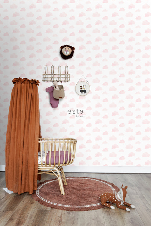 ESTAhome behang gestempelde wolkjes licht roze en wit - 53 cm x 10.05 m - 138929