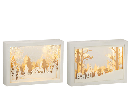 J-Line decoratie kerstdorpje - kader 3D Winter - pvc/glas - goud - LED lichtjes - 2 stuks - vtwonen shop