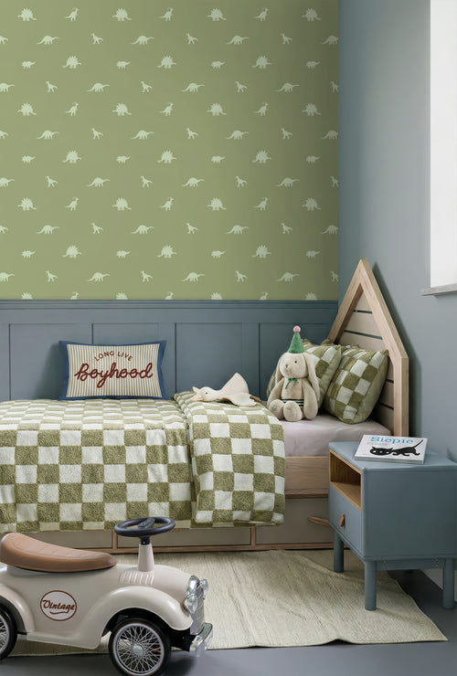 ESTAhome behang dinosaurussen vergrijsd groen - 50 x 900 cm - 131804