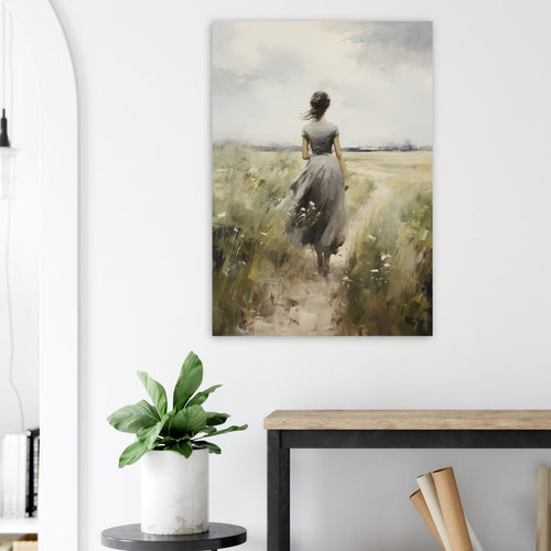 Artfulprints Poster met Lijst Woman in flowerfield   - 50x70 cm - Groen