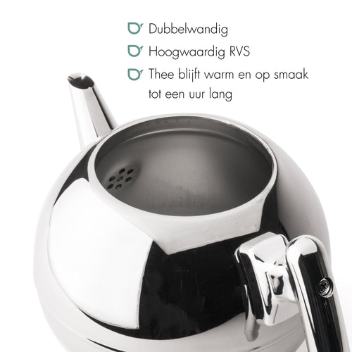 Bredemeijer - Duet® Bella Ronde – Dubbelwandige Theepot – 1,2 liter - RVS - Chroom beslag