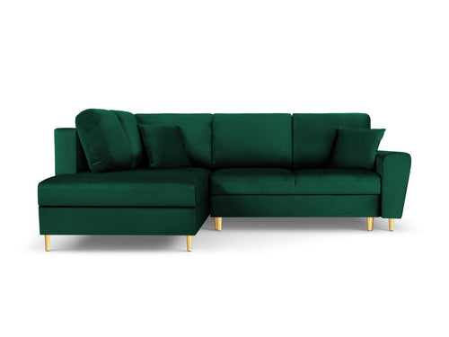 Cosmopolitan Design Uitklapbare hoekbank links met opbergdoos Kyoto 5-zits, flueel, flessengroen - 194x243x88cm