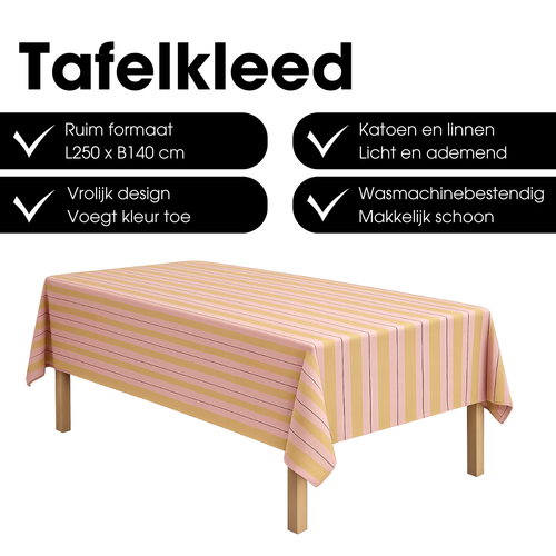 Mica Decorations Imke Gestreept Tafelkleed voor Eettafel - Tafellaken voor Binnen en Buiten 250 x 140 cm - Tafelzeil 100% Organisch Katoen - Oker