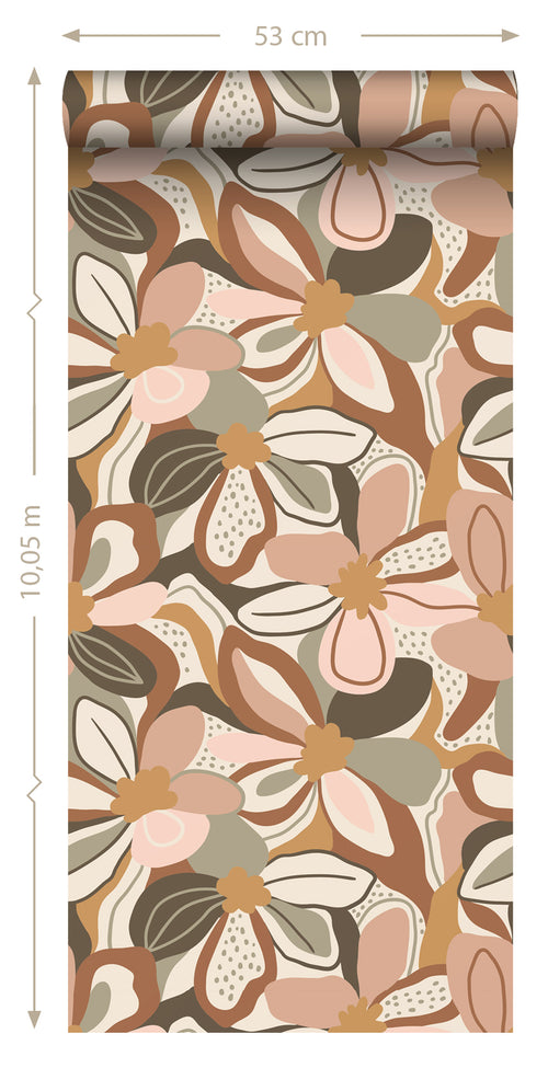 ESTAhome behang bloemmotief terracotta en zacht roze - 50 x 900 cm - 139629 - vtwonen shop