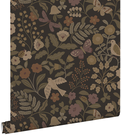 ESTAhome behang bloemen en vogels donkerbruin, olijfgroen en lila paars - 50 x 900 cm - 139872 - vtwonen shop