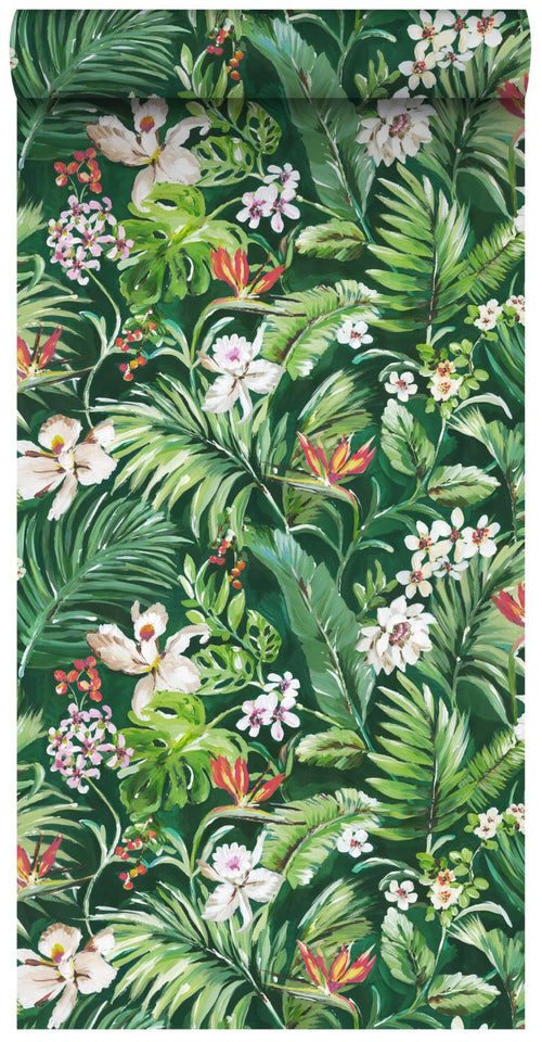 ESTAhome XXL behang tropische bladeren en bloemen emerald groen - 50 x 900 cm - 158893