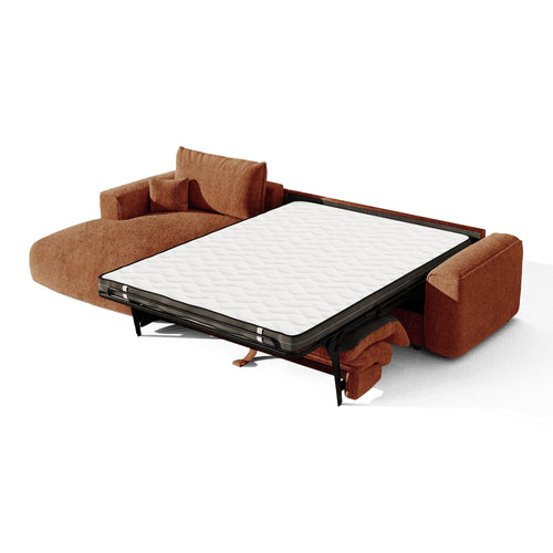 Premium Interiors - Linkerhoekbank met snelle uitklapfunctie COMO - zacht aanvoelende geweven stof terracotta 300cm