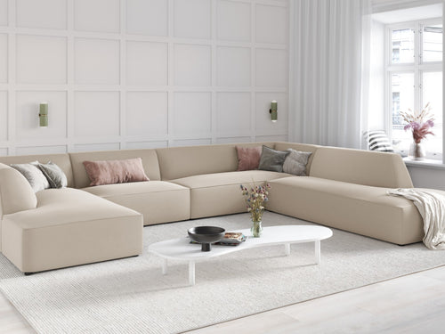 Micadoni Panoramische hoekbank rechts Ruby 7-zits, flueel, beige - 273x366x69cm