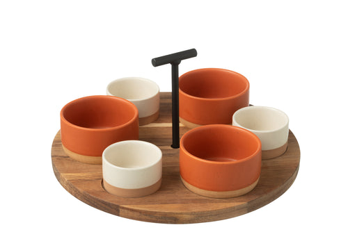 J-Line tapasplank 6 kommen + bambouschaal In Doos - keramiek/hout - wit/oranje