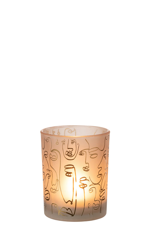 J-Line windlicht Happy Faces - glas - beige - medium - vtwonen shop