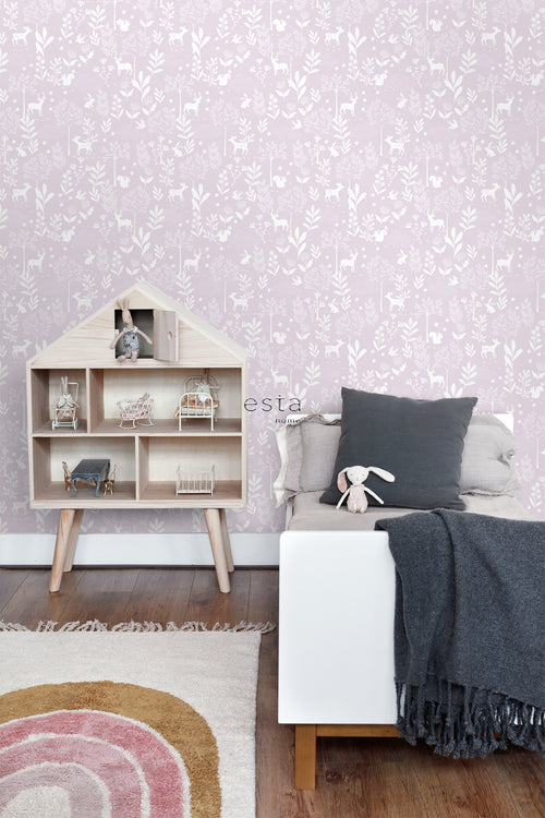 ESTAhome behang bos met bosdieren lila paars - 50 x 900 cm - 139523