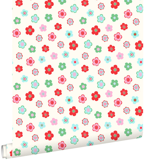 ESTAhome behang vintage bloemetjes lichtblauw, groen en rood - 53 cm x 10.05 m - 138726