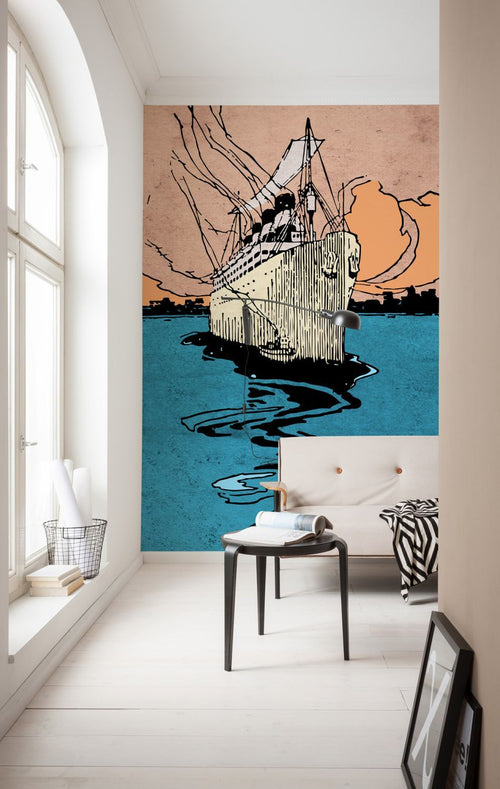 Sanders & Sanders fotobehang schip blauw en oranje - 200 x 280 cm - 612131