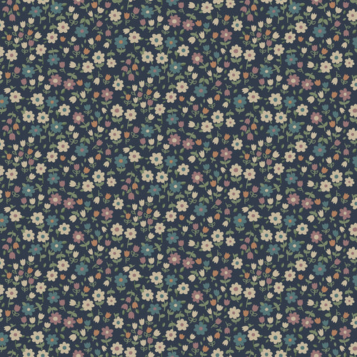 ESTAhome behang bloemetjes donkerblauw, lila roze en vergrijsd groen - 53 cm x 10.05 m - 139471
