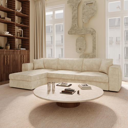 Premium Interiors - Hoekbank (links) MIKA - zacht aanvoelende geweven stof beige 292cm