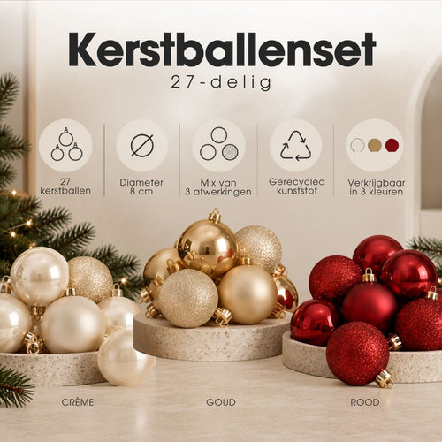 Mica Decorations Kerstballenset Onbreekbaar Rood 27 Stuks - Gemaakt van Gerecycled Polystyreen - Diameter 8 cm - Ideaal voor Gezinnen met Kinderen en