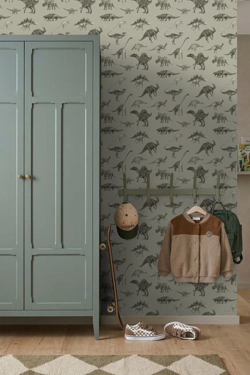 ESTAhome behang dinosaurussen vergrijsd groen - 50 x 900 cm - 131205