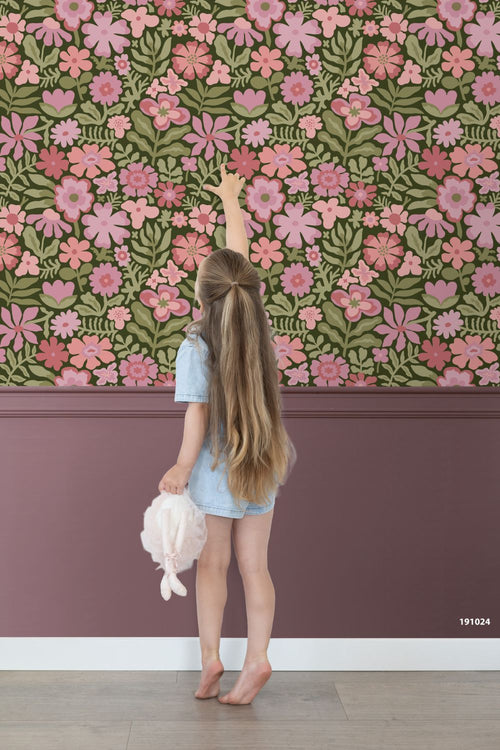 ESTAhome behang bloemetjes groen, roze en paars - 50 x 900 cm - 132293