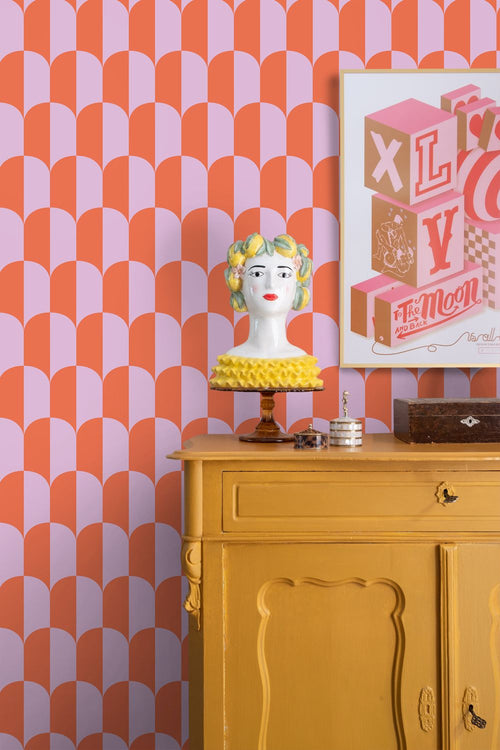 ESTAhome behang art deco bogen lila paars en oranje - 53 cm x 10.05 m - 139982
