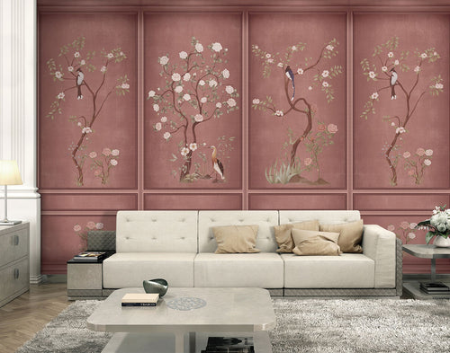 Sanders & Sanders fotobehang bloemen en vogels roze - 318 x 280 cm - 640807