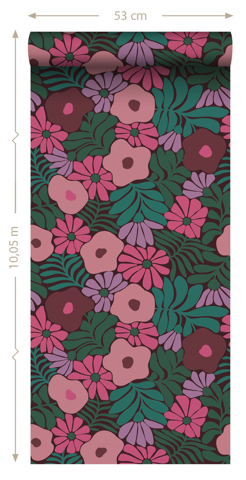 ESTAhome behang bloemen in Matisse stijl groen, roze en paars - 50 x 900 cm - 131137 - vtwonen shop