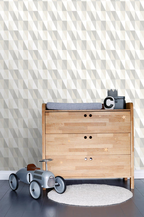 ESTAhome behang grafische driehoeken zilver, grijs en beige - 53 cm x 10,05 m - 138922 - vtwonen shop