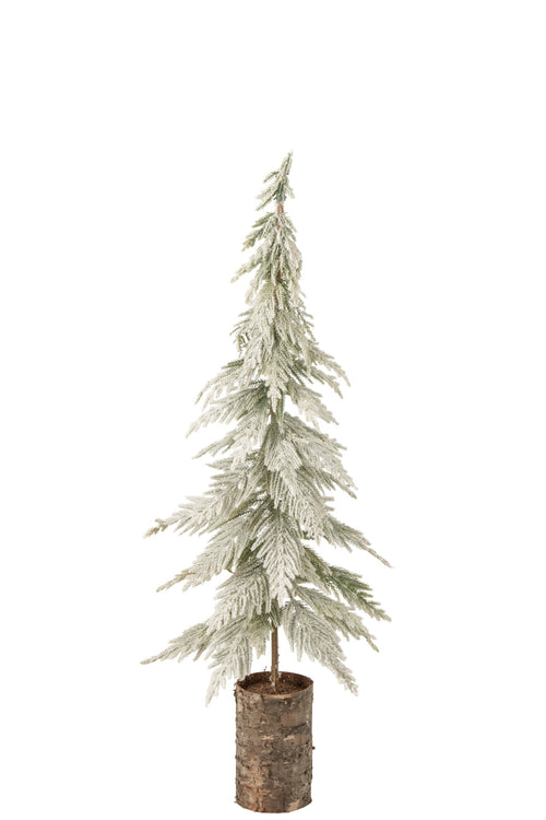 J-Line Besneeuwde kerstboom met houten voet - polyethyleen - wit/naturel - medium