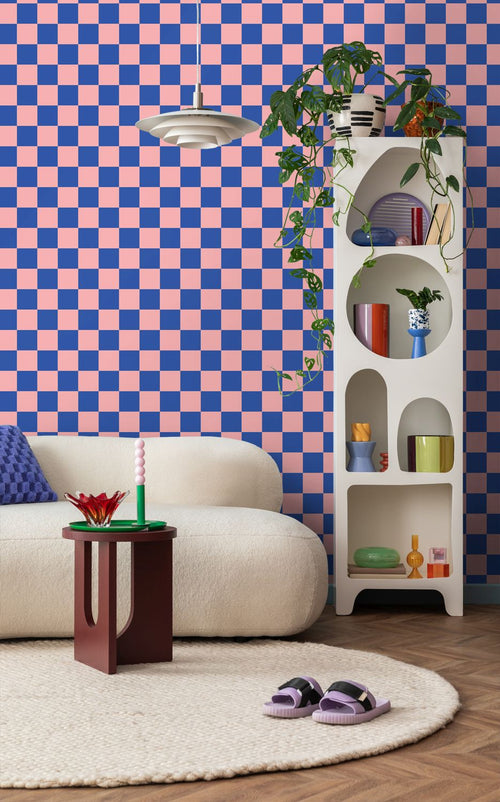 ESTAhome behang geblokt motief roze en koningsblauw - 53 cm x 10.05 m - 130915