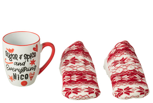 J-Line mok + kousen Kerstman  - keramiek - rood - giftbox