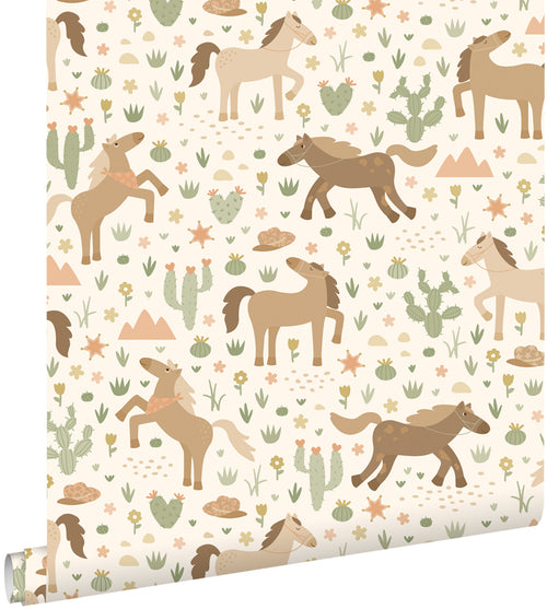 ESTAhome behang paarden beige, bruin en groen - 50 x 900 cm - 132192