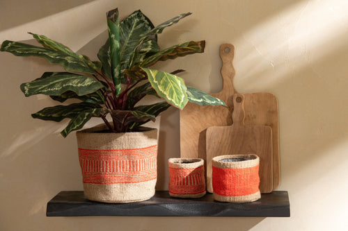 J-Line mand Rond Met Handvaten - jute - naturel/oranje - 2 stuks