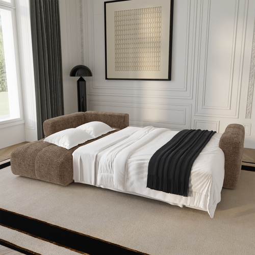 Premium Interiors - Linkshoekbank met slaapfunctie en opbergruimte VIBE - zacht aanvoelende geweven stof bruin 286cm