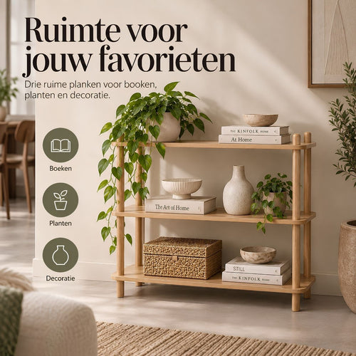 Mica Decorations Jeff Wandrek - Boekenplank van 100% FSC-Gecertificeerd Hout met Drie Ruime Planken voor Boeken en Decoratie - Lichtbruin - L80 x B30