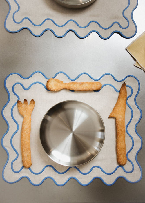 Kulu Club placemats Wavy - linnenmix - beige/blauw - set van 2