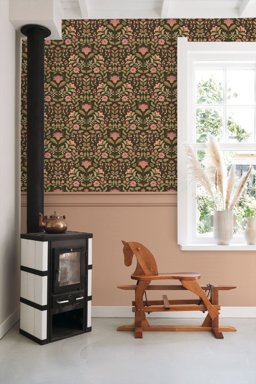 ESTAhome behang vintage bloemen groen en roze - 50 x 900 cm - 131893