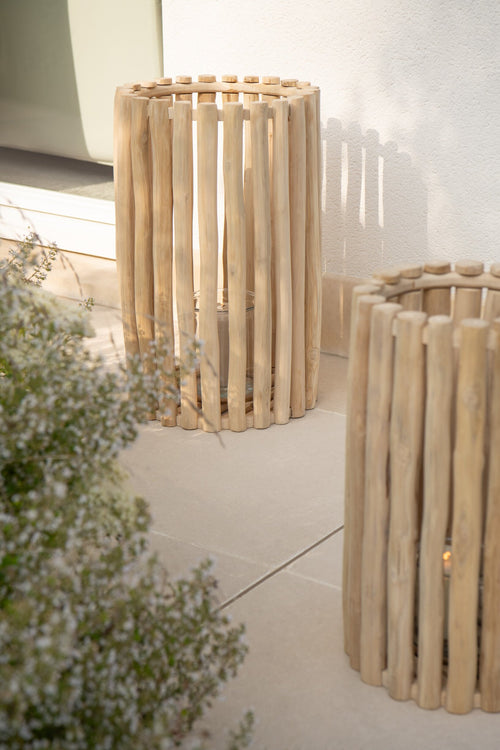 J-Line lantaarn - hout - naturel - set van 2