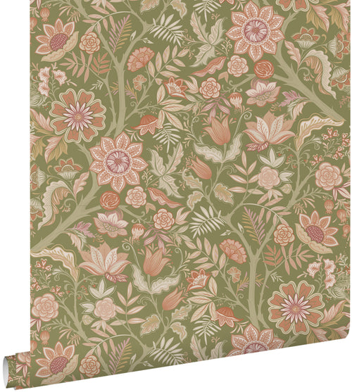 ESTAhome behang vintage bloemen groen en terracotta roze - 50 x 900 cm - 131330 - vtwonen shop