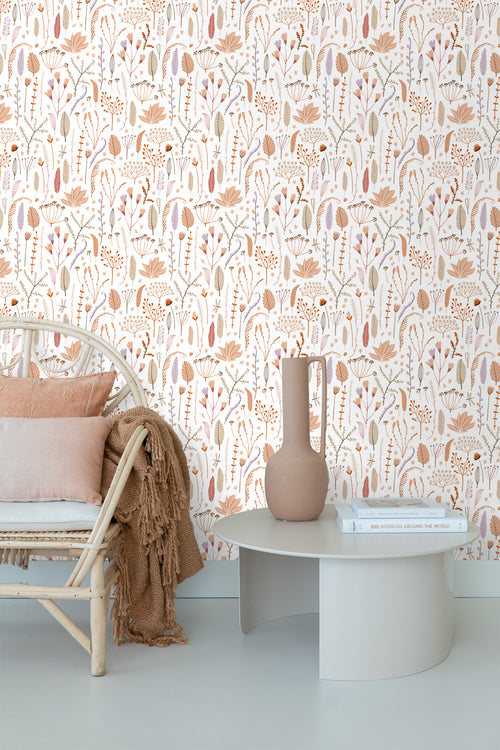 ESTAhome behang veldbloemen terracotta, paars, beige en wit - 50 x 900 cm - 131162 - vtwonen shop