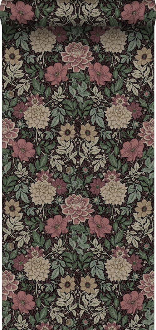 Borastapeter behang vintage bloemen in art nouveau stijl donkergroen en roze - 53 cm x 10.05 m - 660404 - vtwonen shop