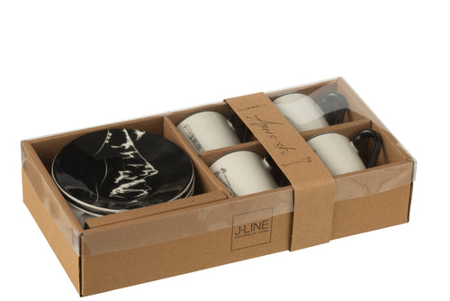 J-Line kopje + schoteltje -  keramiek - zwart/wit - small - doos van 4