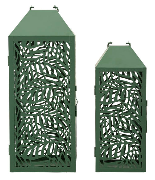 Set van 2 metalen lantaarns groen 18x18x44 - 14x14x34 cm